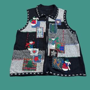 Vintage Christmas Sweater Vest Womens L/XL Black Snowman Patchwork Full Zip